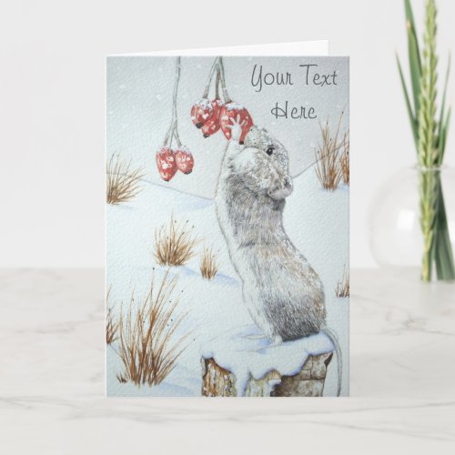 Cute mouse eating berries wildlife snow scene holiday card