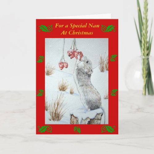 Cute mouse eating berries wildlife snow scene holiday card