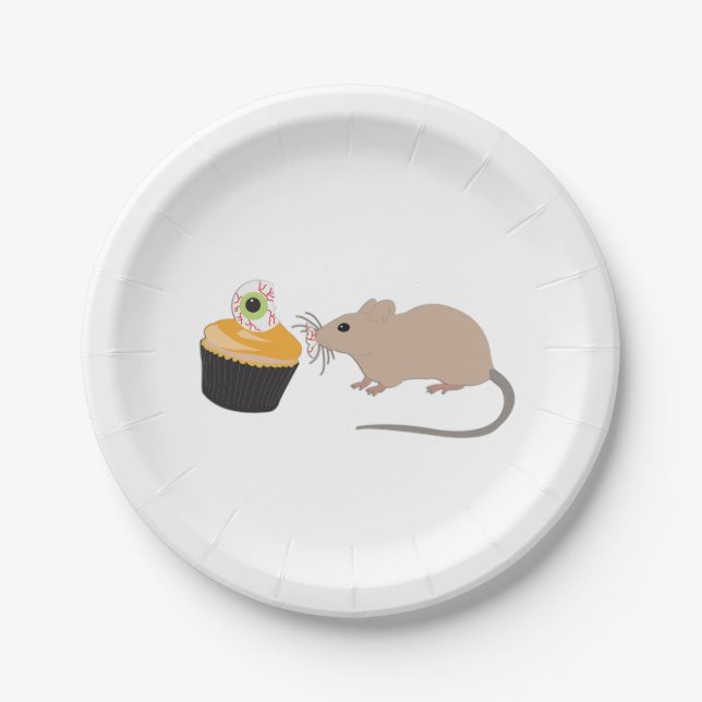 Cute Mouse Eating Halloween Eyeball Cupcake Paper Plates (Front)