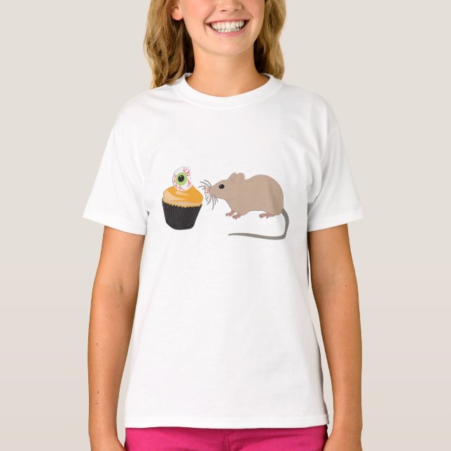 Cute Mouse Eating Halloween Eyeball Cupcake T-Shirt (Front)