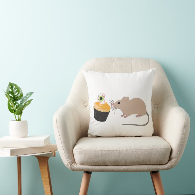 Cute Mouse Eating Halloween Eyeball Cupcake Throw Pillow (Chair)
