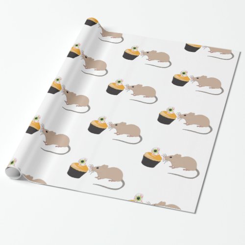 Cute Mouse Eating Halloween Eyeball Cupcake Wrapping Paper