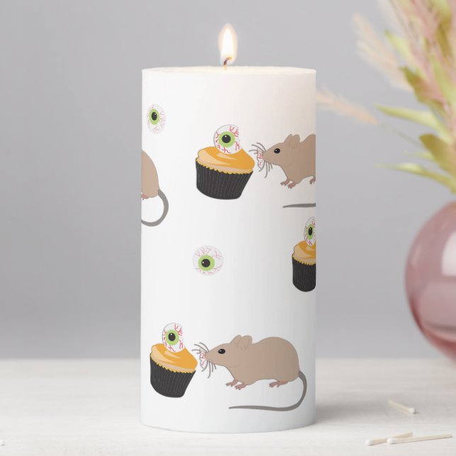 Cute Mouse Eating Halloween Eyeball Pillar Candle (In Situ)