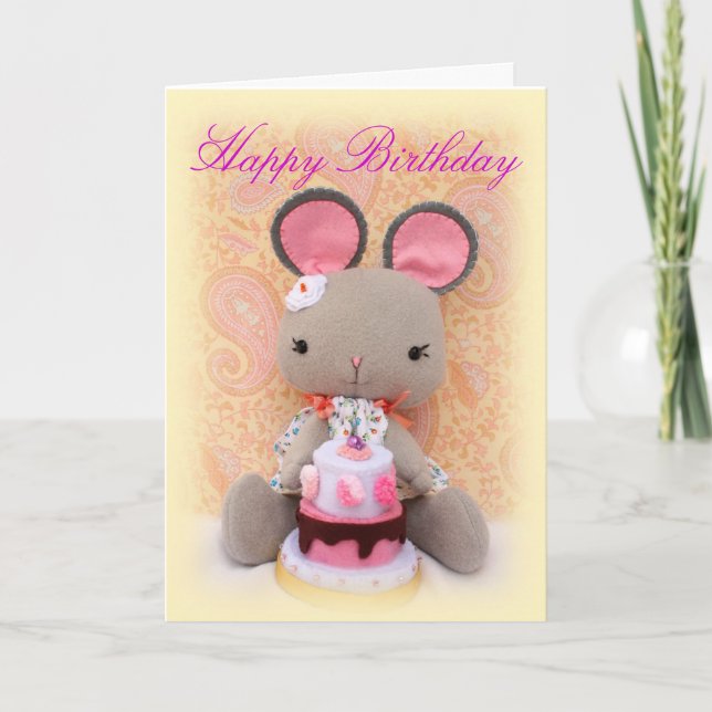 Cute Mouse Girl Doll with Cake Birthday Card (Front)