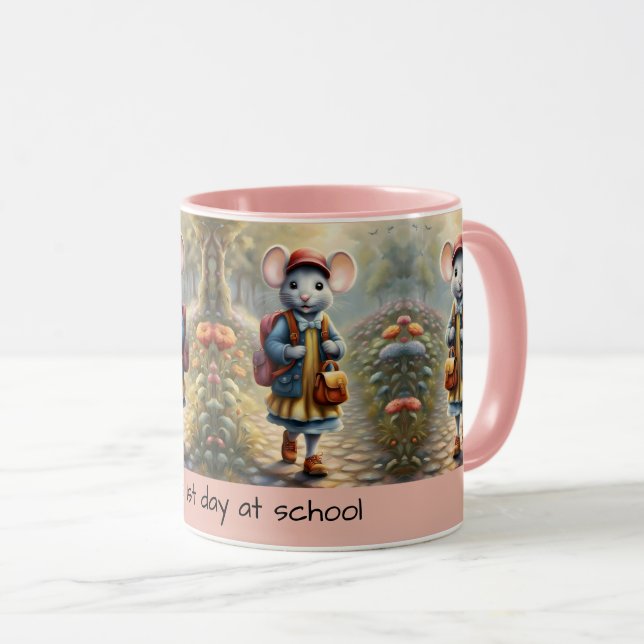 Cute mouse girl on her way to school, custom mug (Front Right)