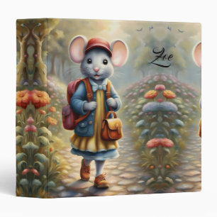 Cute mouse girl on her way to school,personalized 3 ring binder