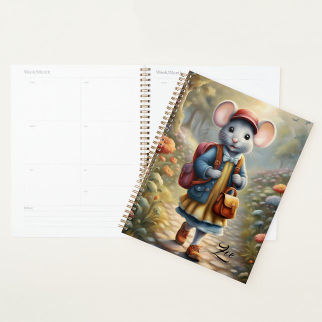 Cute mouse girl on her way to school,personalized  planner (Display)