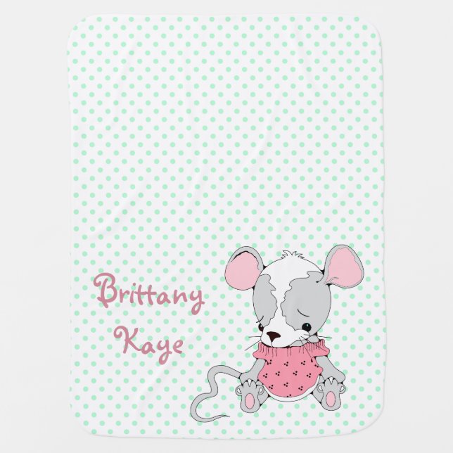 Cute Mouse Girls Personalized Polka Dot Swaddle Blanket (Front)