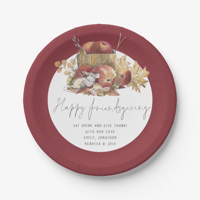 Cute Mouse Handwriting Script Happy Friendsgiving Paper Plates (Front)