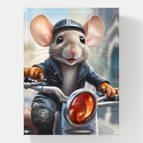 Cute Mouse Helmet and Jacket Riding a Motorcycle  Paperweight