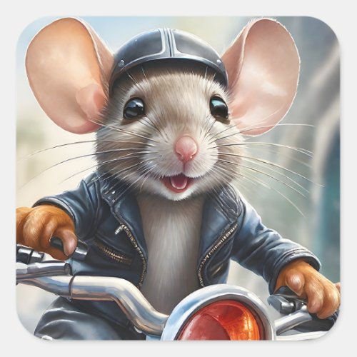 Cute Mouse Helmet and Jacket Riding a Motorcycle  Square Sticker