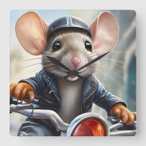 Cute Mouse Helmet and Jacket Riding a Motorcycle  Square Wall Clock