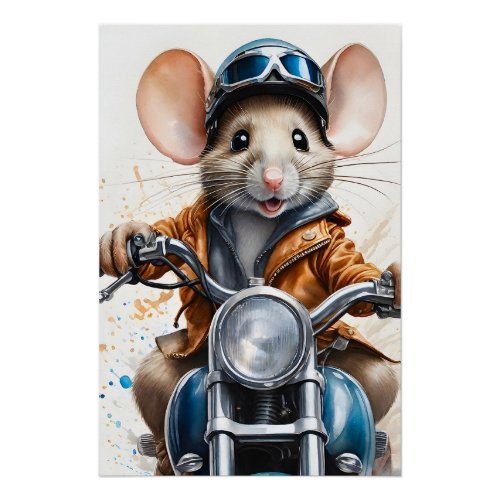 Cute Mouse Helmet Riding a Motorcycle  Poster