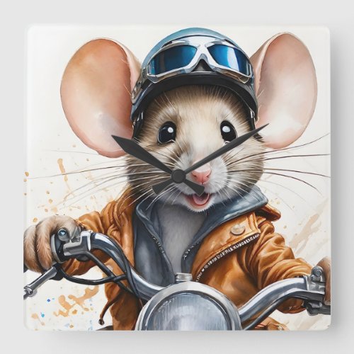 Cute Mouse Helmet Riding a Motorcycle  Square Wall Clock