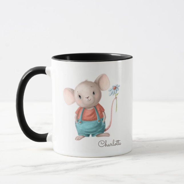 Cute Mouse Holding Flower Personalized Name Mug (Left)