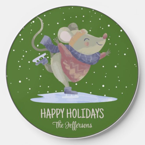 Cute Mouse Ice Skating Winter Snow Christmas Wireless Charger