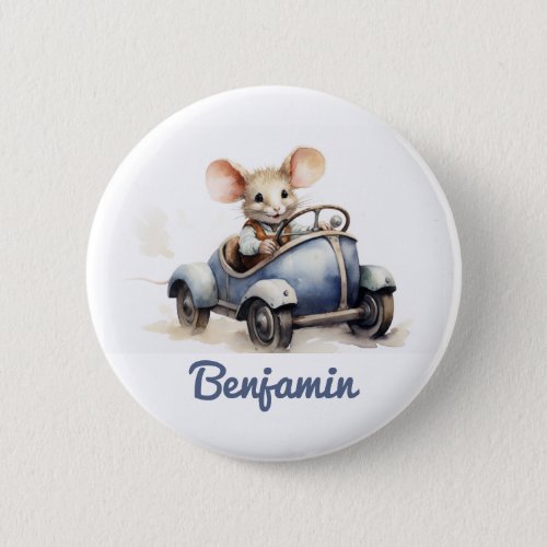 Cute Mouse in a Car Kids Birthday Party Favor Button
