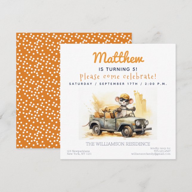 Cute Mouse in a Car Kids Birthday Party Invitation (Front/Back)
