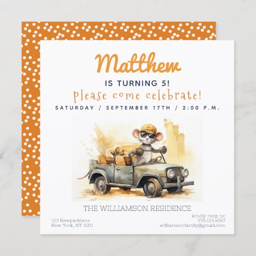 Cute Mouse in a Car Kids Birthday Party Invitation