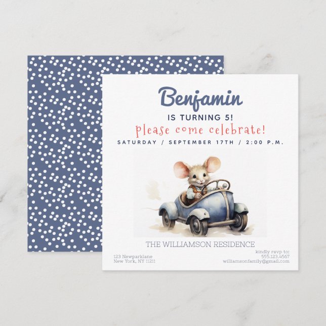 Cute Mouse in a Car Kids Birthday Party Invitation (Front/Back)