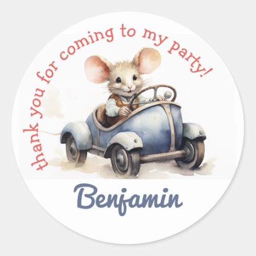 Cute Mouse in a Car Kids Birthday Thank You Classic Round Sticker