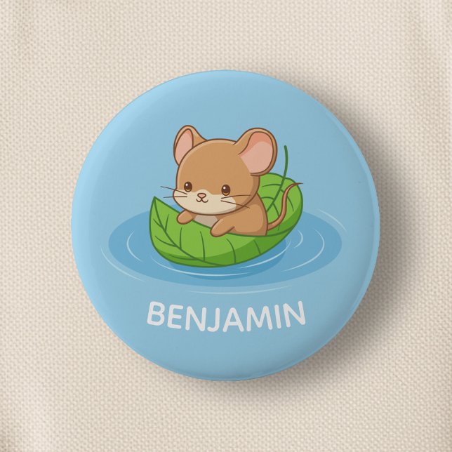 Cute Mouse in a Leaf Boat Blue Custom Name Button (Creator Uploaded)