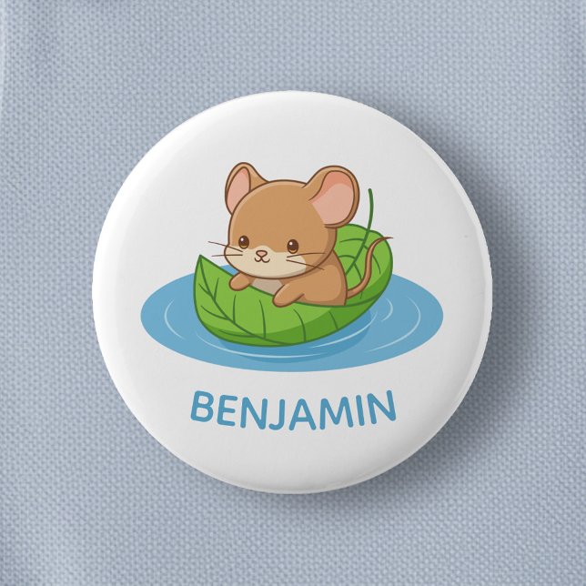 Cute Mouse in a Leaf Boat Custom Name Button (Creator Uploaded)