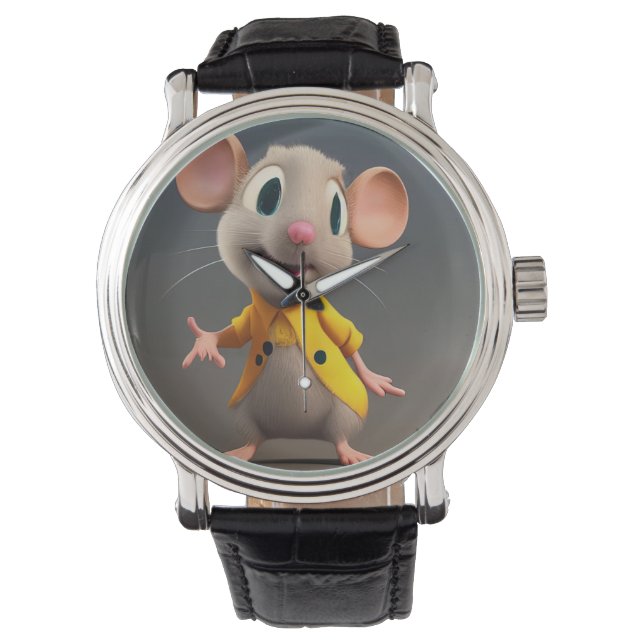 Cute mouse in a yellow jacket illustration watch (Front)