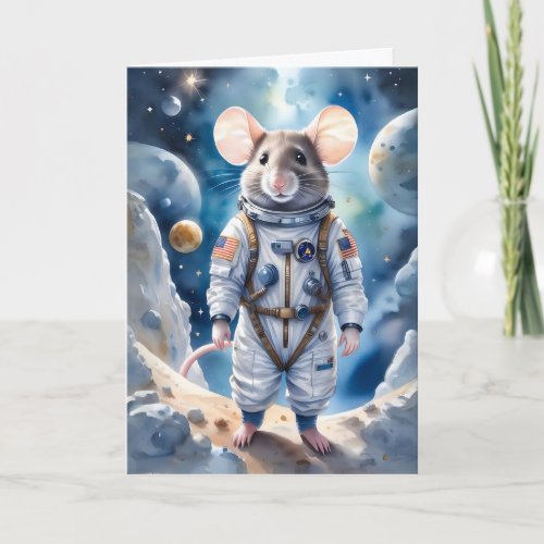 Cute Mouse in Astronaut Suit in Outer Space Card