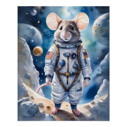Cute Mouse in Astronaut Suit in Outer Space Poster