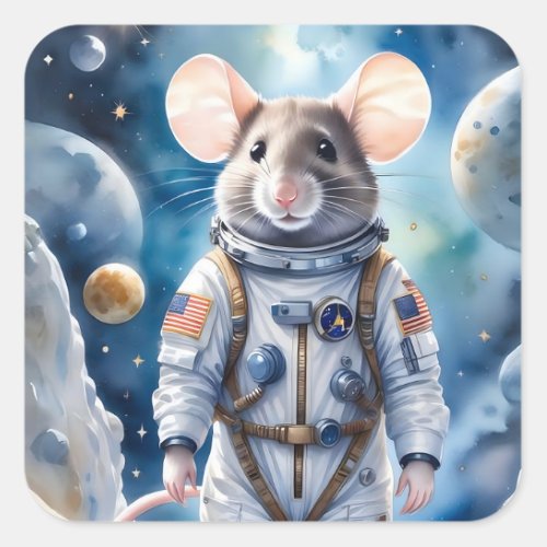 Cute Mouse in Astronaut Suit in Outer Space Square Sticker