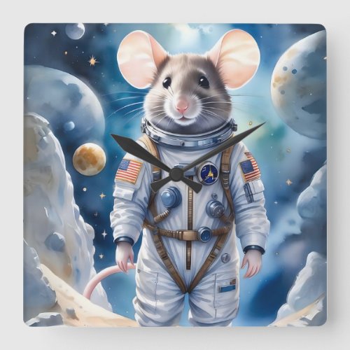 Cute Mouse in Astronaut Suit in Outer Space Square Wall Clock