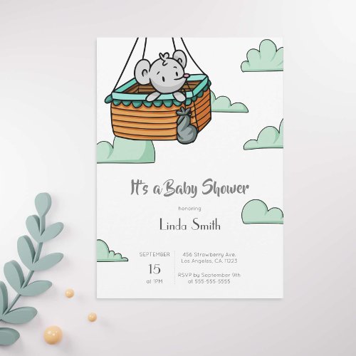 Cute Mouse in Ballon Basket Neutral Baby Shower Invitation