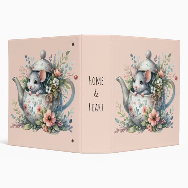Cute Mouse in Floral Teapot Illustration 3 Ring Binder (Background)