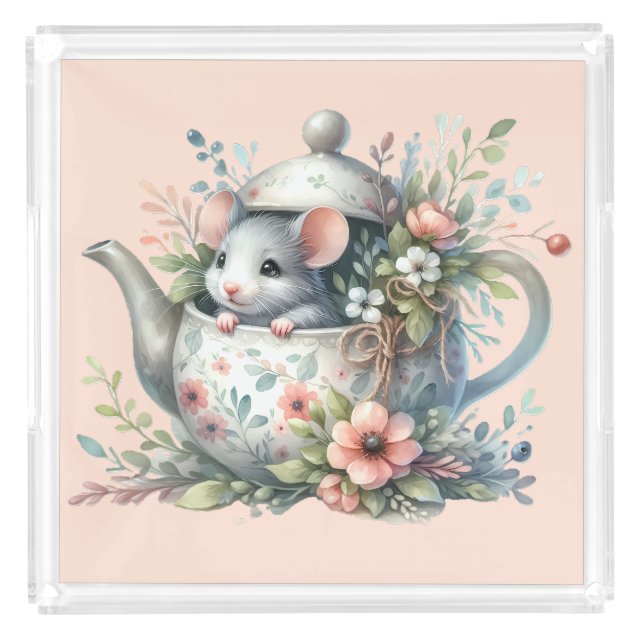 Cute Mouse in Floral Teapot Illustration Acrylic Tray (Front)