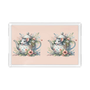 Cute Mouse in Floral Teapot Illustration Acrylic Tray