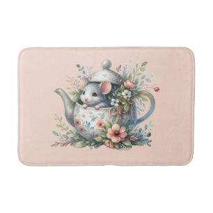 Cute Mouse in Floral Teapot Illustration Bath Mat