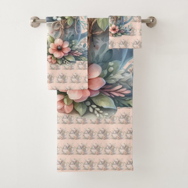 Cute Mouse in Floral Teapot Illustration Bath Towel Set (Insitu)