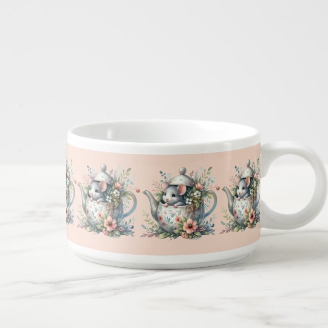 Cute Mouse in Floral Teapot Illustration Bowl (Left)