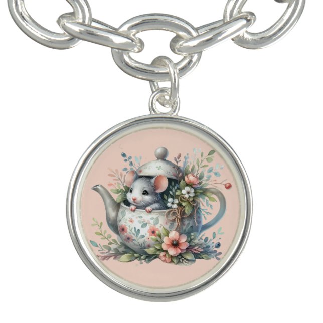 Cute Mouse in Floral Teapot Illustration Bracelet (Design)
