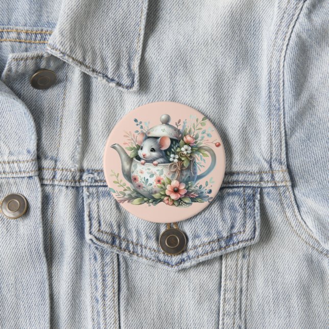 Cute Mouse in Floral Teapot Illustration Button (In Situ)