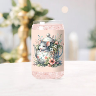 Cute Mouse in Floral Teapot Illustration Can Glass
