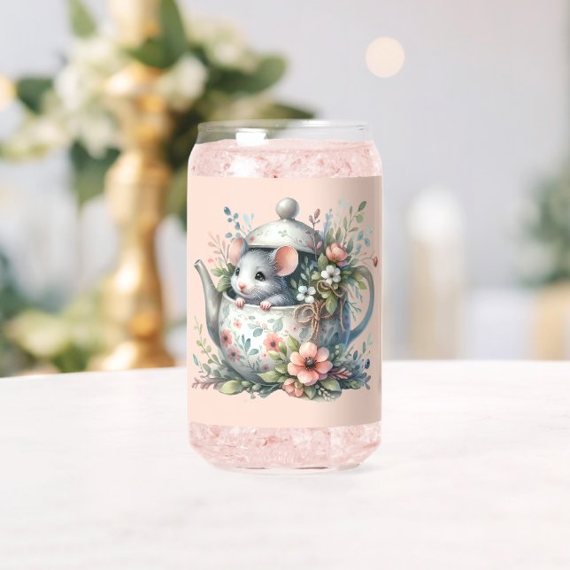Cute Mouse in Floral Teapot Illustration Can Glass (Insitu (Wedding))