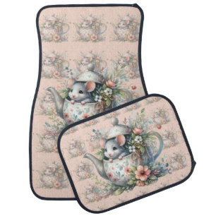 Cute Mouse in Floral Teapot Illustration Car Floor Mat
