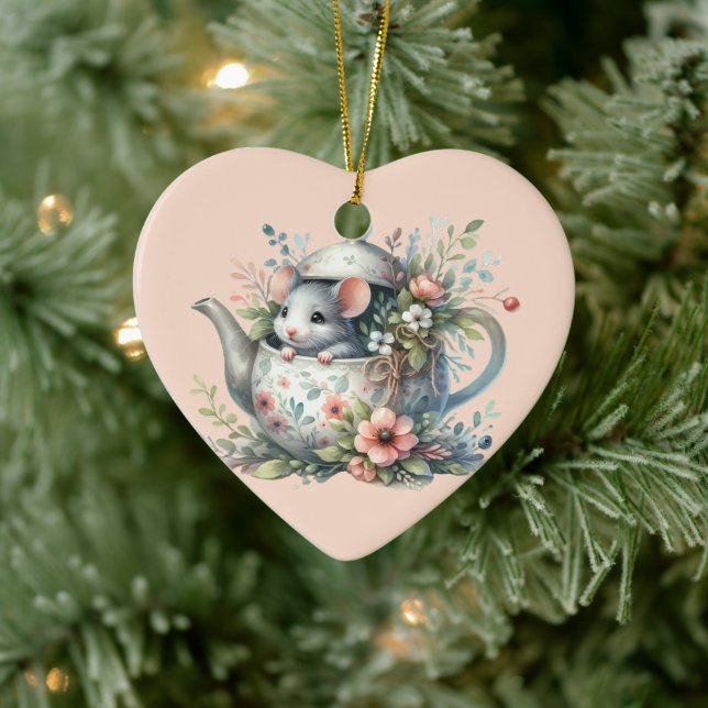 Cute Mouse in Floral Teapot Illustration Ceramic Ornament (Tree)