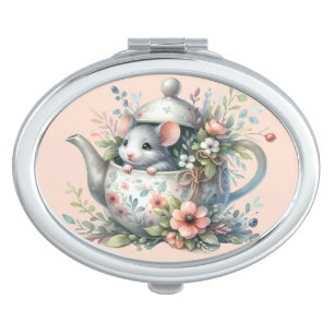 Cute Mouse in Floral Teapot Illustration Compact Mirror