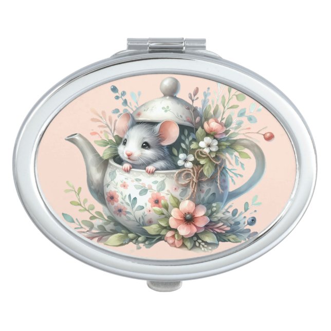 Cute Mouse in Floral Teapot Illustration Compact Mirror (Front)