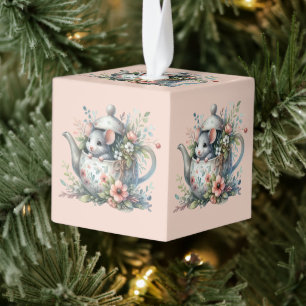 Cute Mouse in Floral Teapot Illustration Cube Ornament