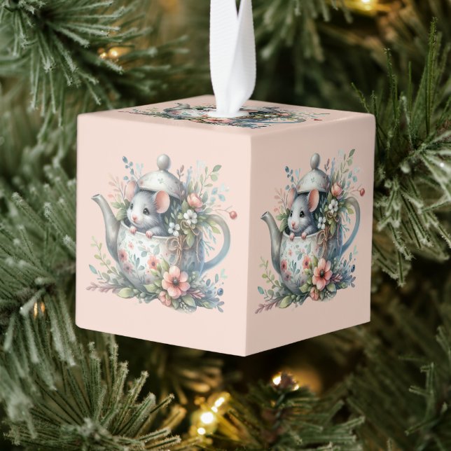 Cute Mouse in Floral Teapot Illustration Cube Ornament (Tree)