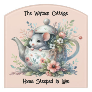 Cute Mouse in Floral Teapot Illustration Door Sign